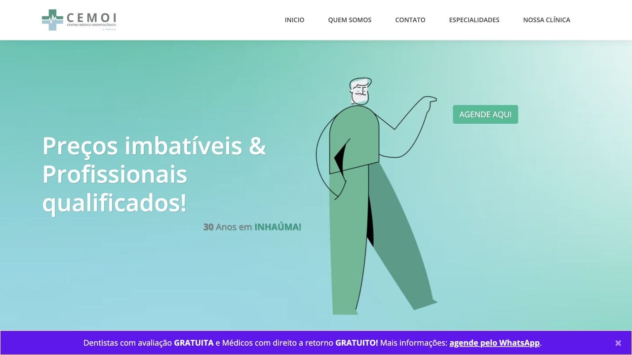 CEMOI homepage with clinic navigation and an appointment call to action