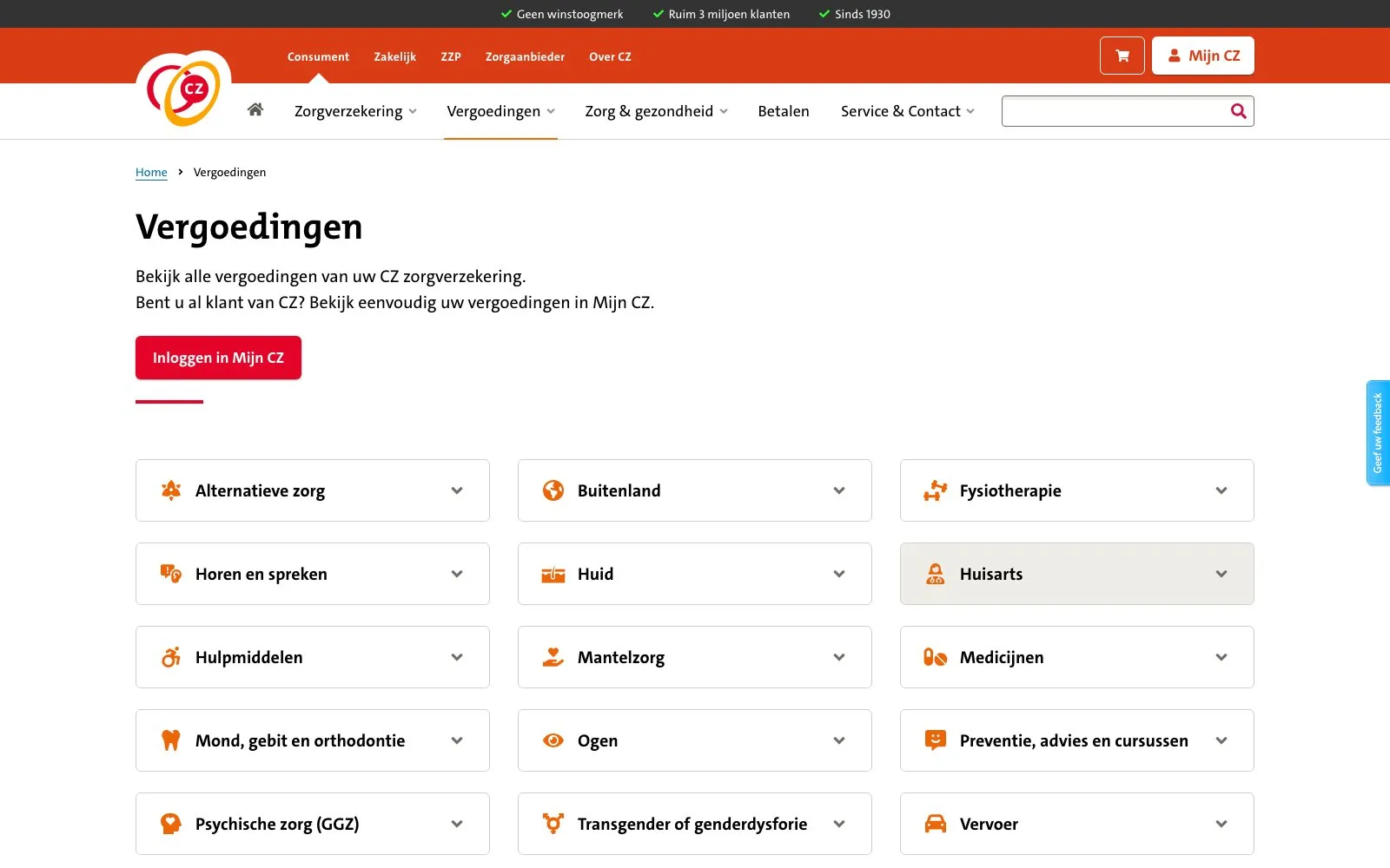 CZ Vergoedingen desktop interface showing reimbursement search results