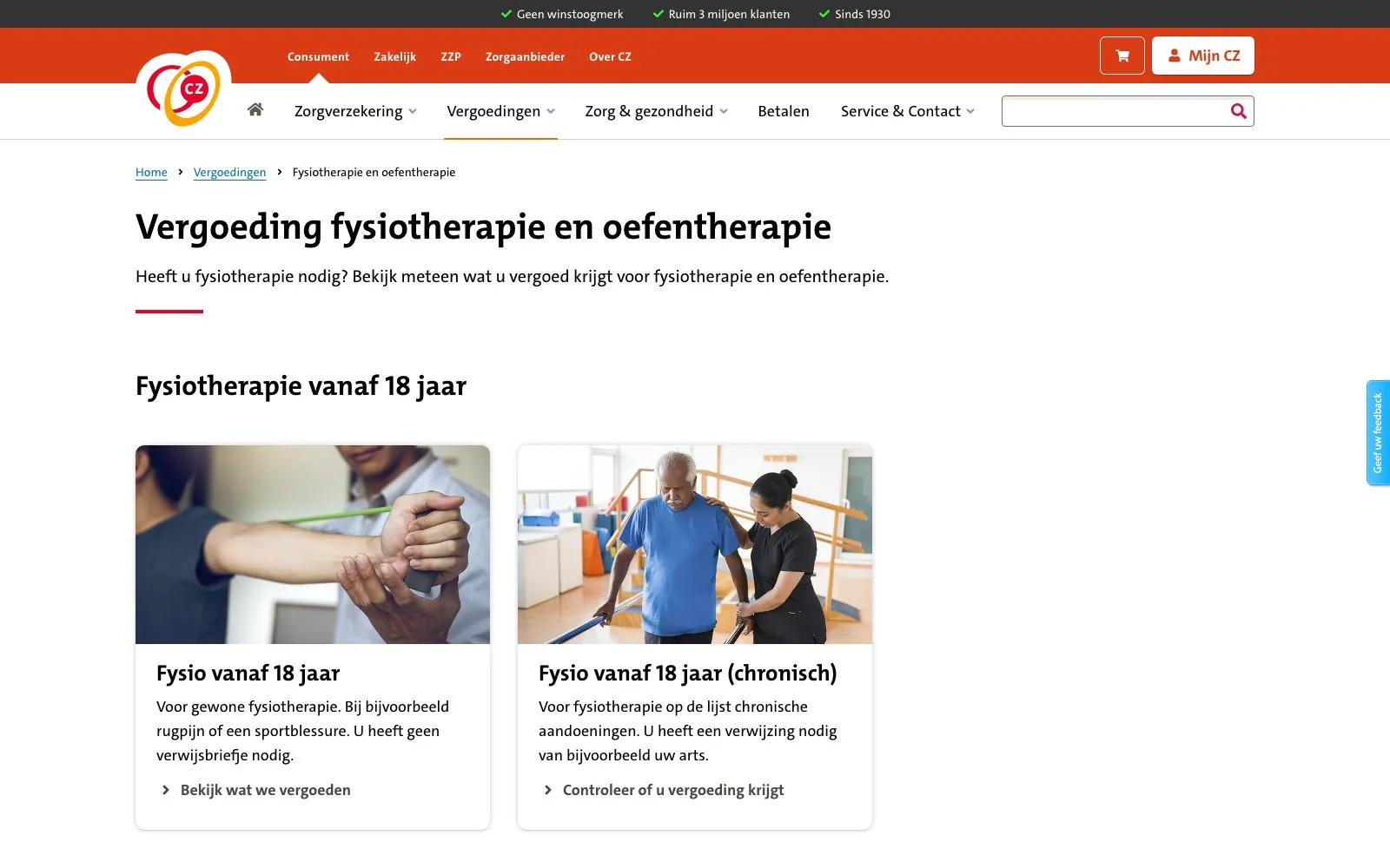 CZ Vergoedingen detailed reimbursement page with treatment coverage information