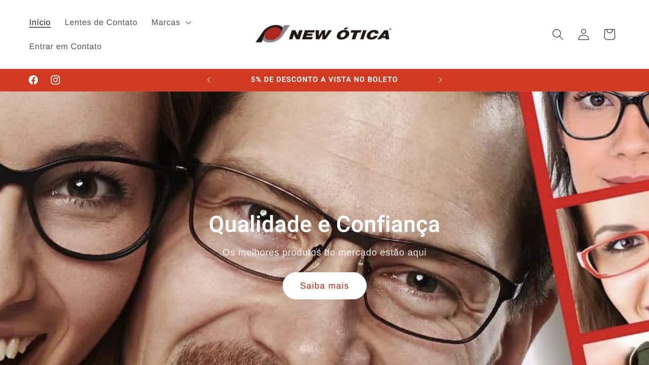 NewÓtica homepage with eyewear campaign imagery and storefront navigation